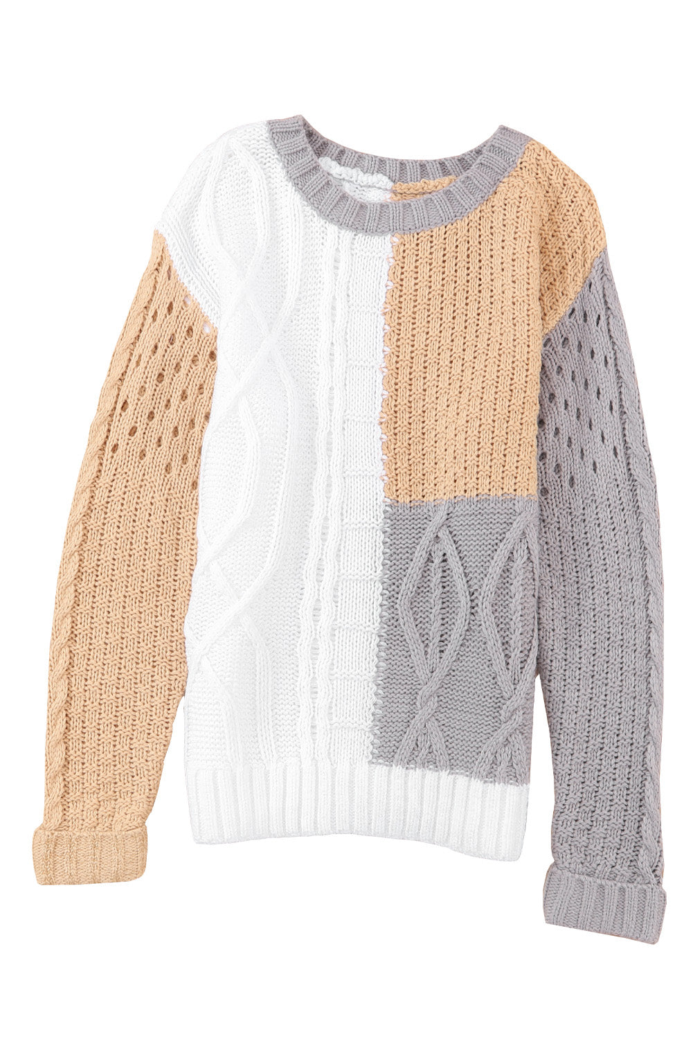 Smeđi pulover miješane teksture s blokovima boja