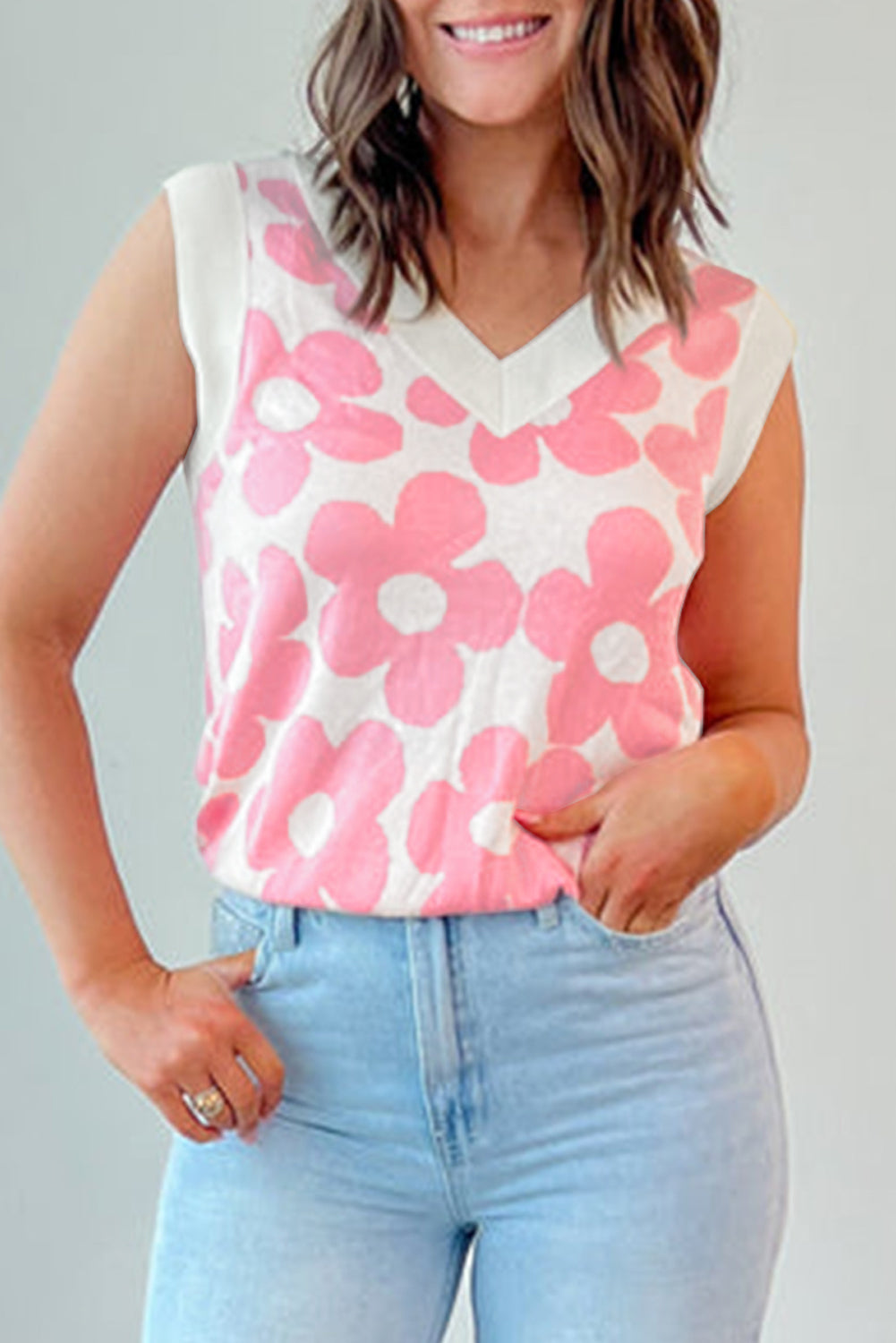Pletena majica s V izrezom u obliku ružičastog slatkog cvijeta