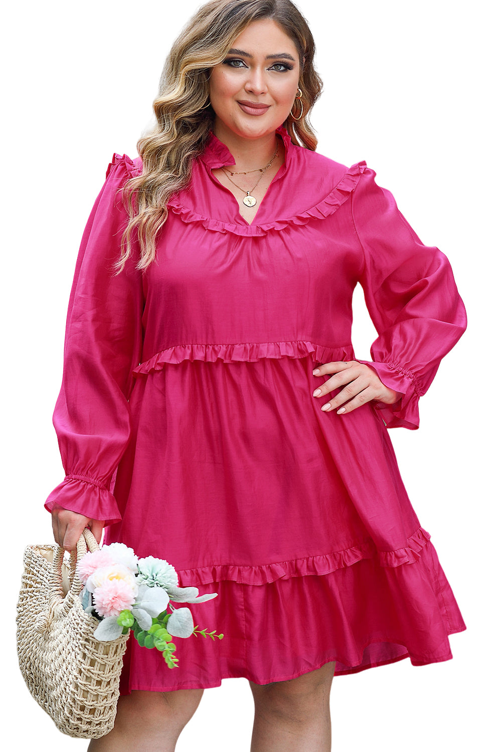 Haljina s mjehurićastim rukavima s volanima i velikim ružičastim rukavima