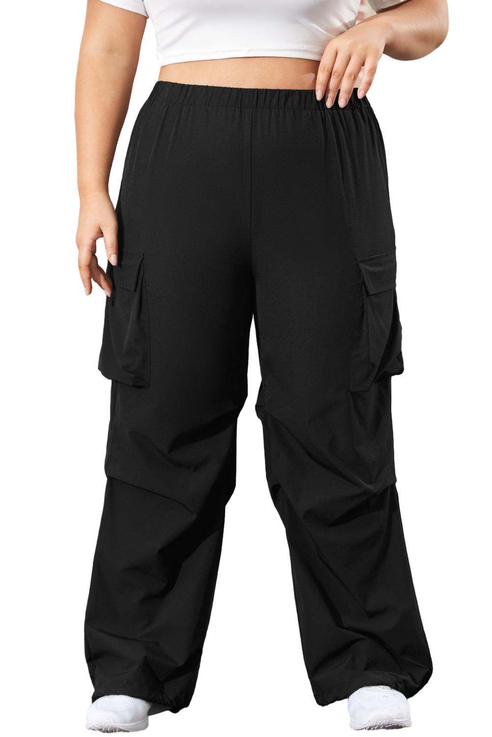 Crne kargo hlače s preklopnim džepom i elastičnim pojasom veće veličine
