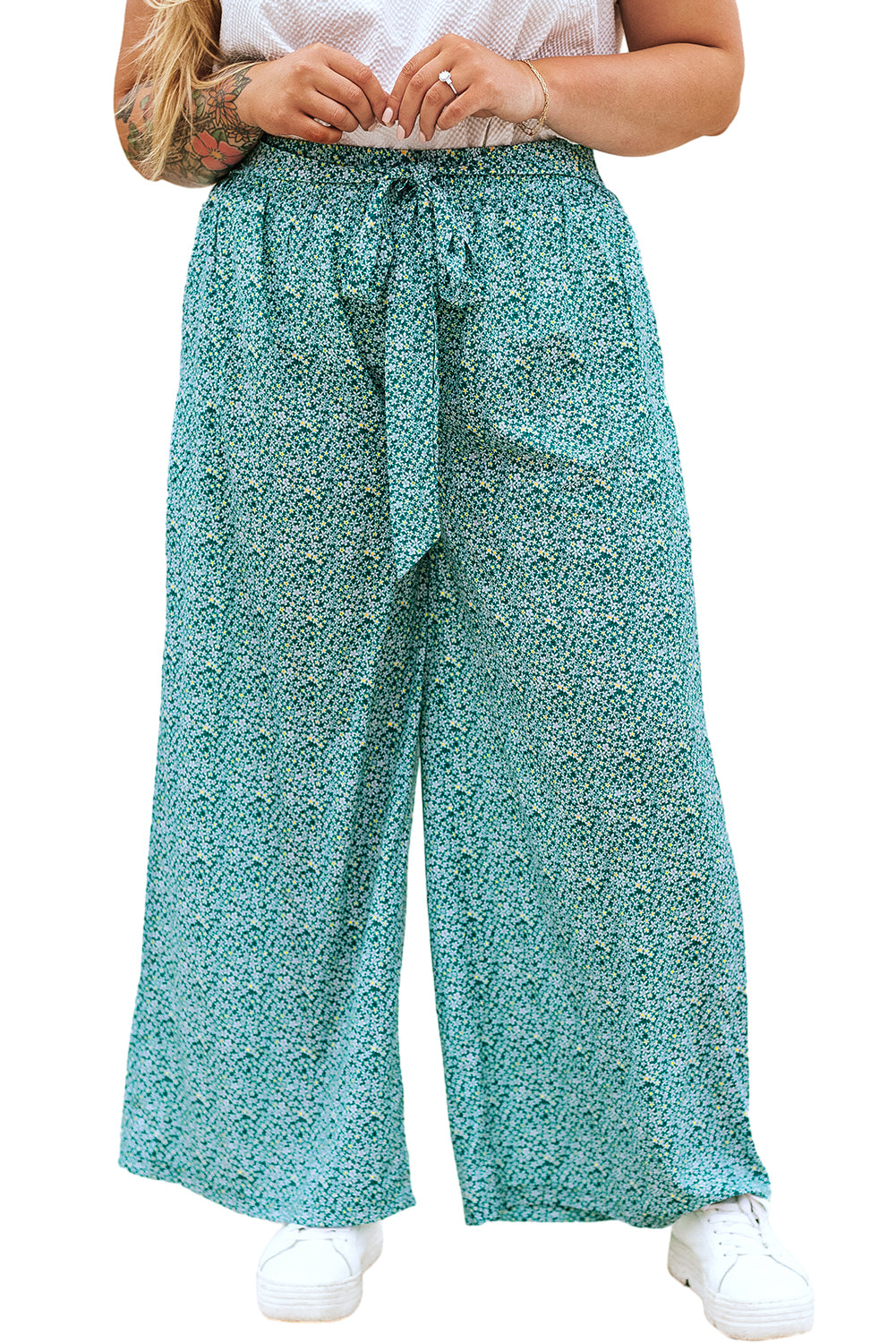Zelene hlače širokih nogavica veće veličine s cvjetnim vezanjem u struku