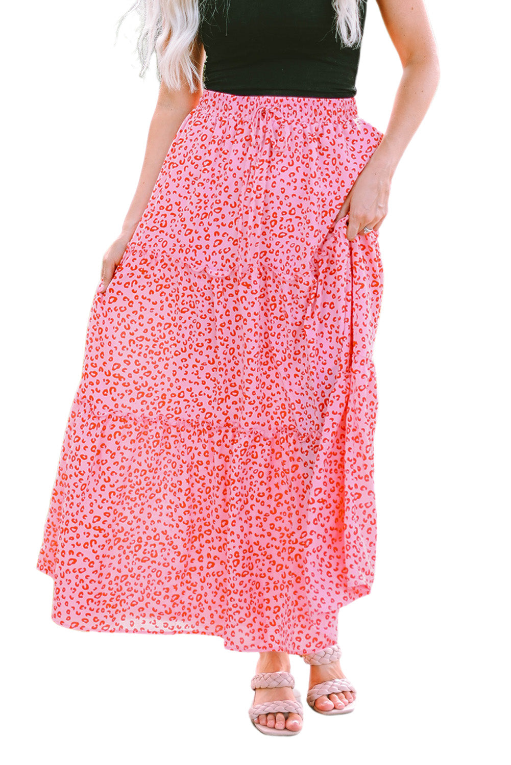 Ružičasta maksi suknja visokog struka s uzorkom leoparda i naborima