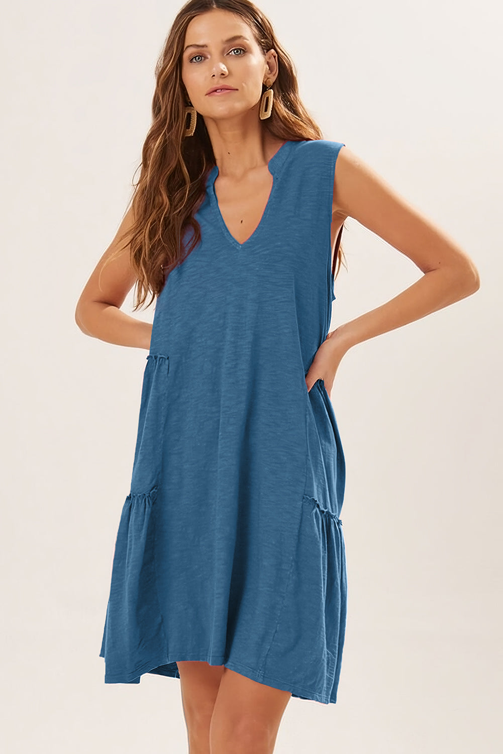 Sail Plava lepršava haljina bez rukava s V izrezom u više razina