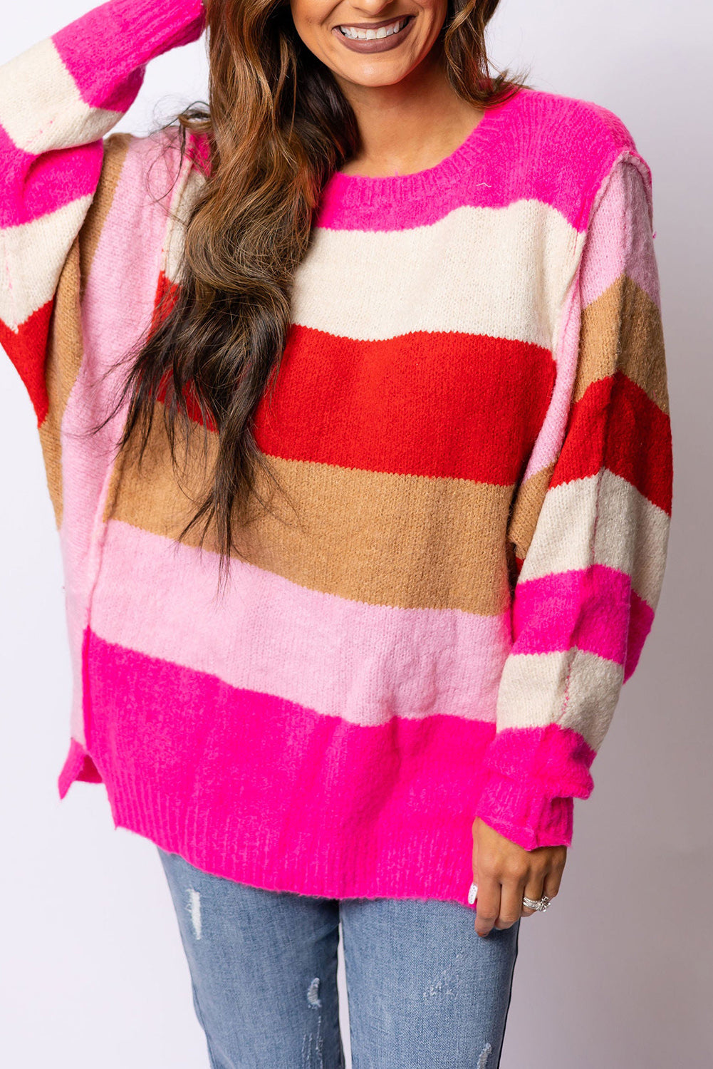 Vatrenocrveni pulover s rukavima Horizon Stripes