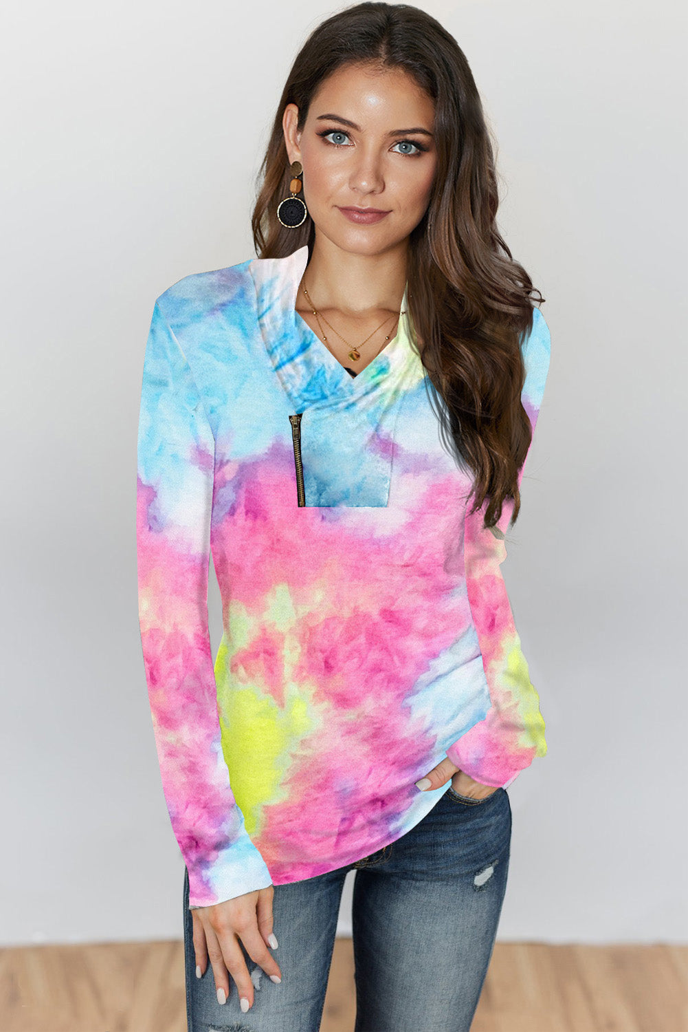 Ružičasti gornji dio pulovera s tie-dye printom i patentnim zatvaračem