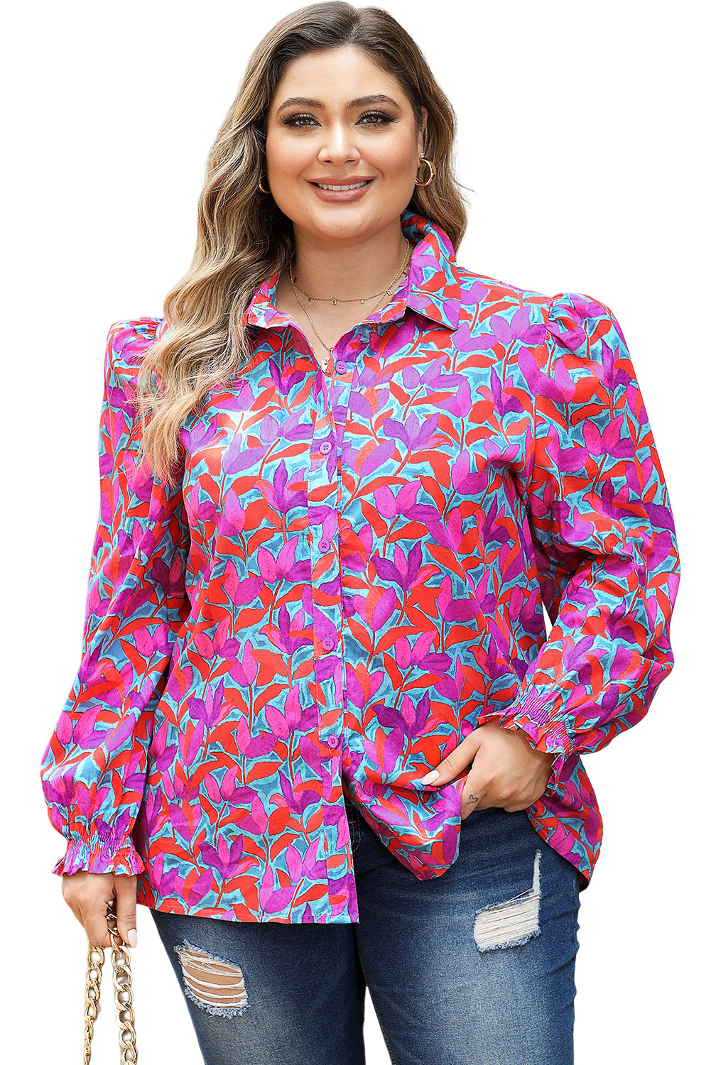 Višebojna košulja s puf rukavima s naborima i cvjetnim printom veće veličine