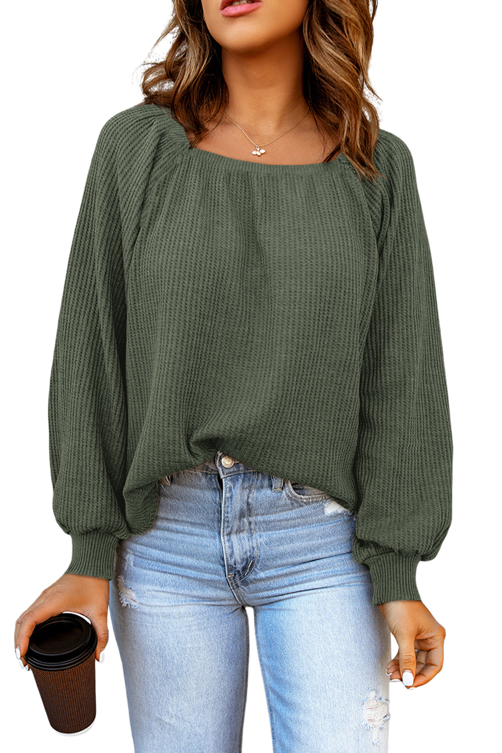 Zelena pletena majica s puf rukavima i okruglim izrezom