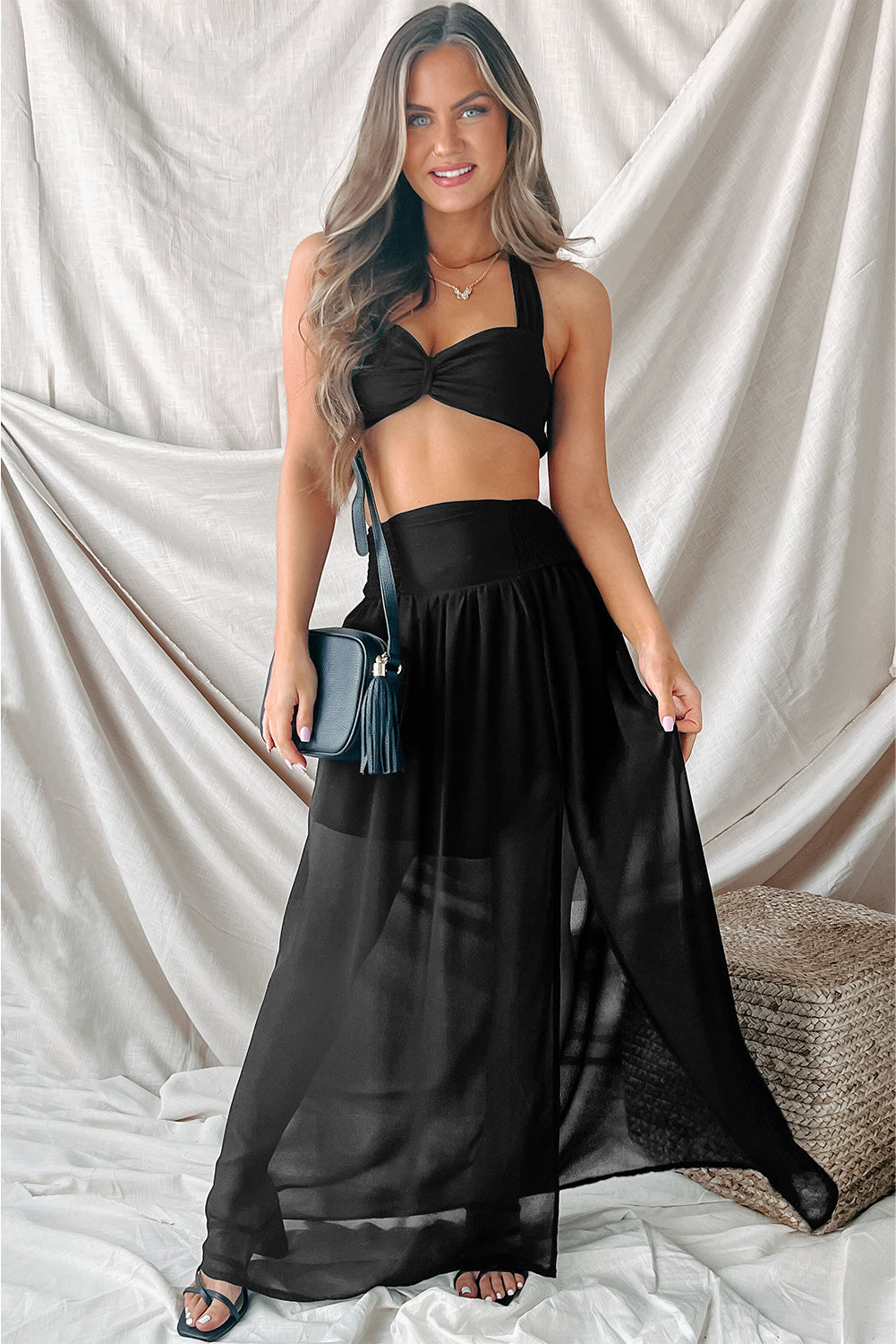 Crna maksi suknja za plažu od šifona visokog struka s rubovima