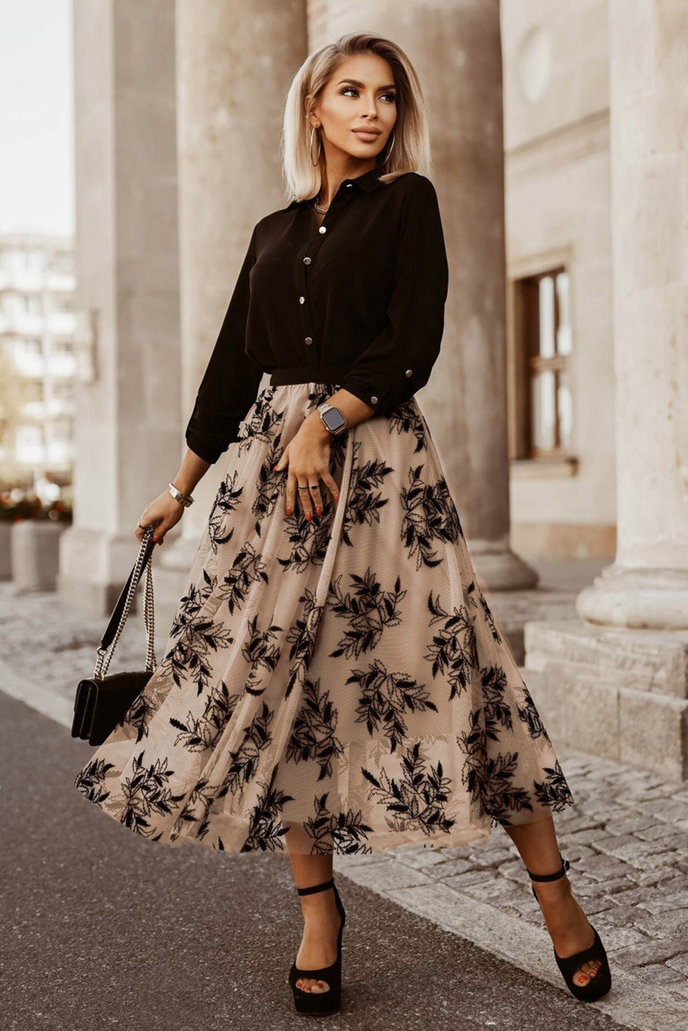 Maxi suknja visokog struka s izvezenim cvjetnim lišćem marelice