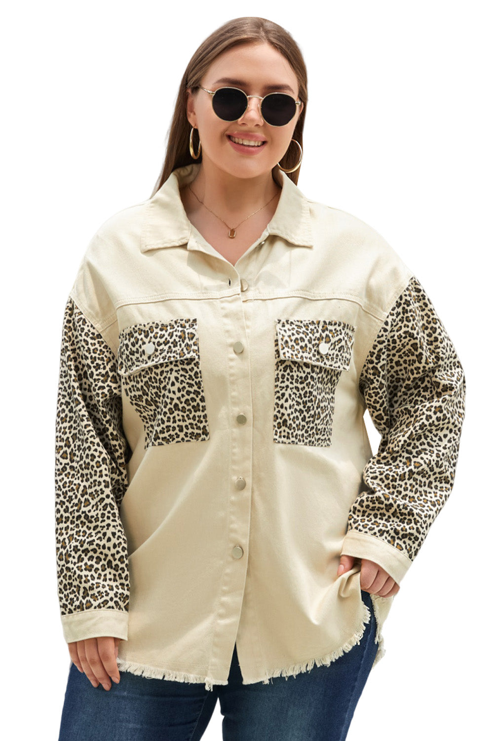 Apricot velika traper jakna s leopard rukavima s neobrađenim porubom