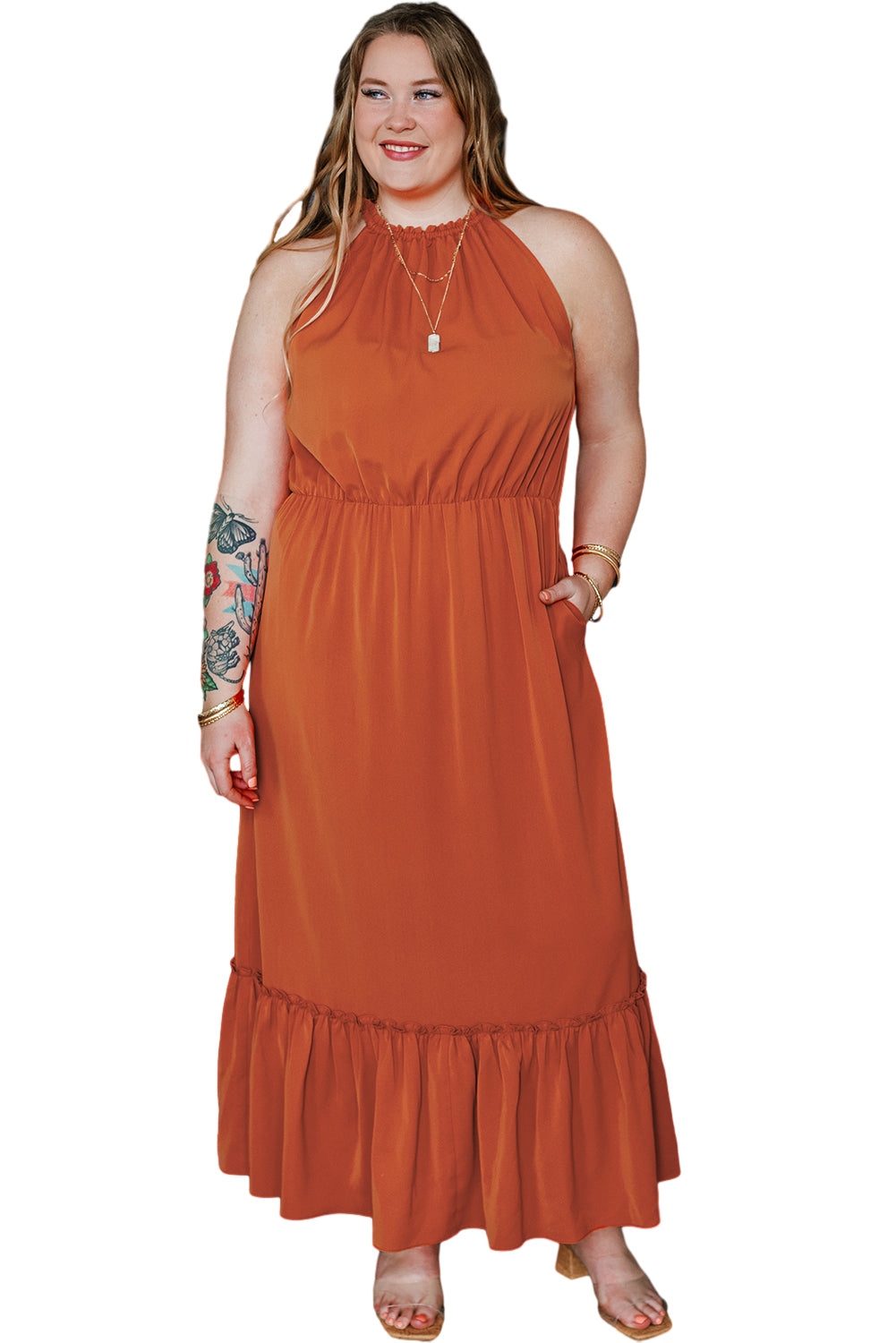 Crveno narančasta duga haljina bez rukava s naboranim porubom veće veličine