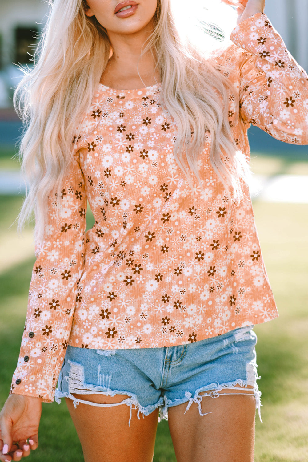 Narančasta cvjetna pletena majica dugih rukava