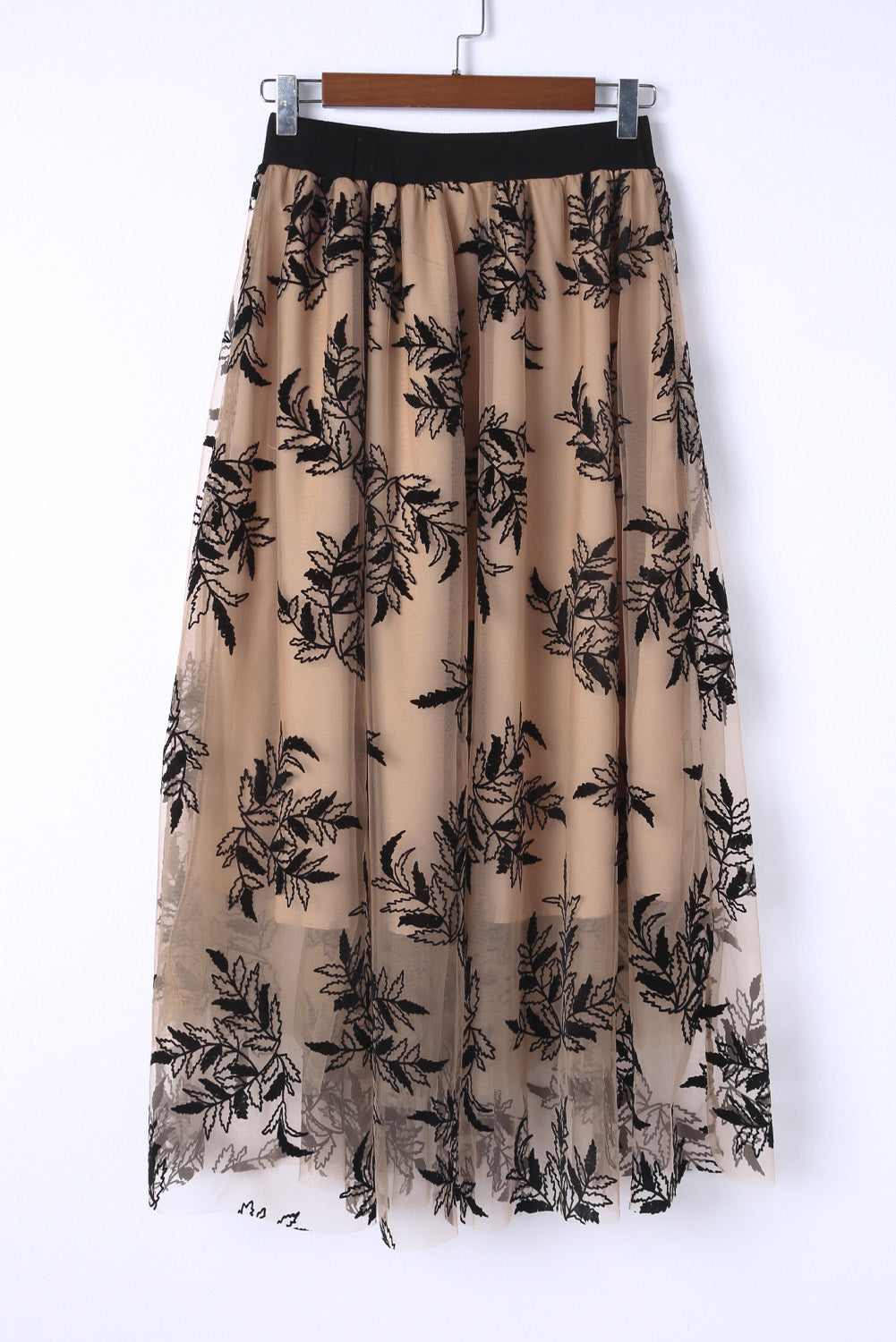 Maxi suknja visokog struka s izvezenim cvjetnim lišćem marelice