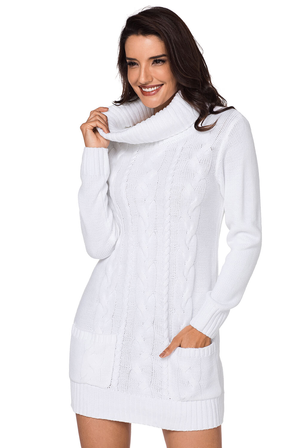 Bijela pletena džemper haljina s izrezom