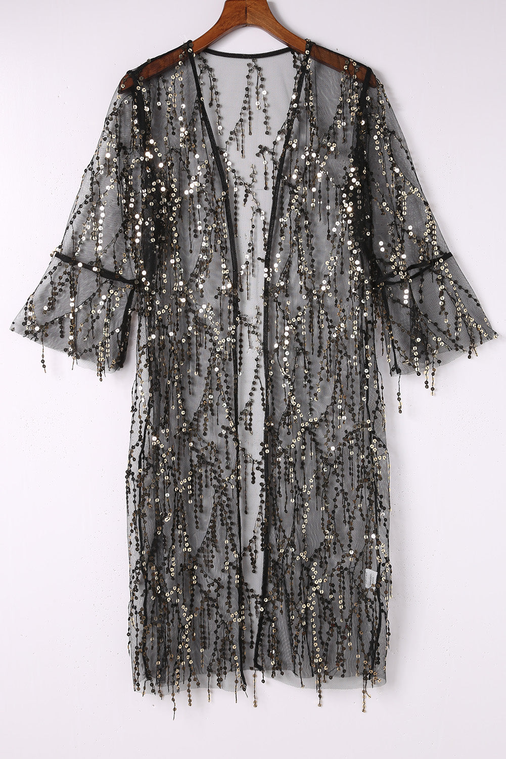 Prozirni kimono dugih rukava s bijelim šljokicama i otvorenim prednjim dijelom