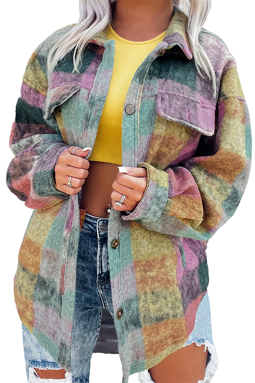 Raznobojna brušena karirana jakna za veće veličine