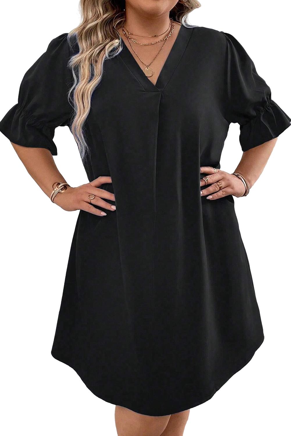 Crna jednobojna mini haljina s naborima i puf rukavima s V izrezom