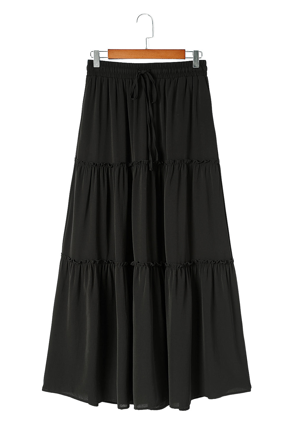Crna maksi suknja s volanima na nizove u struku