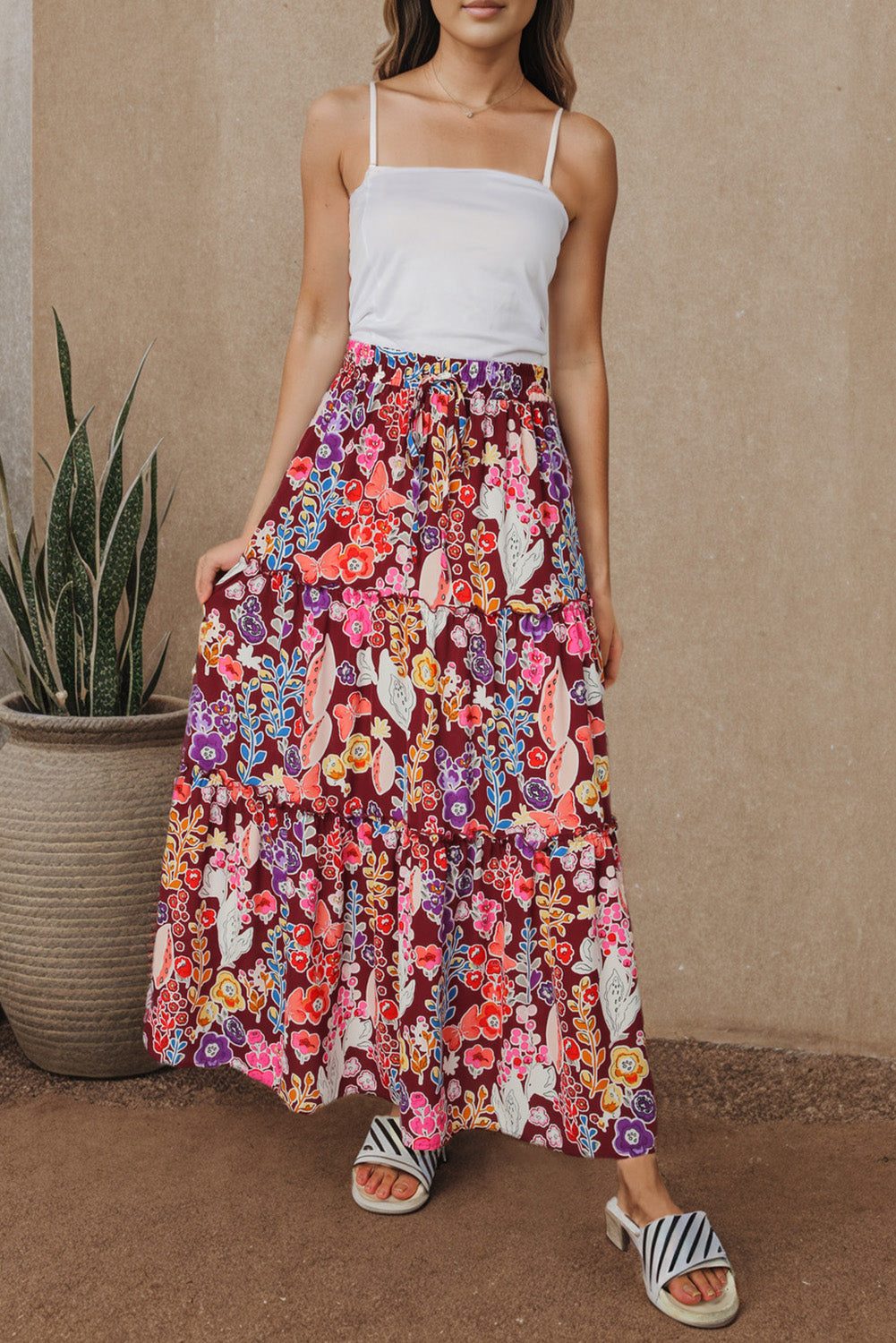 Višebojna boho suknja visokog struka s cvjetnim printom