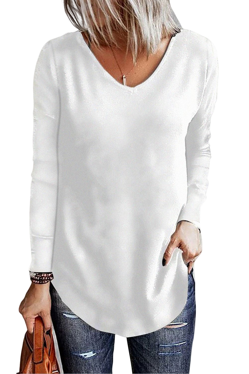 Bijela jednobojna pletena majica dugih rukava s V izrezom