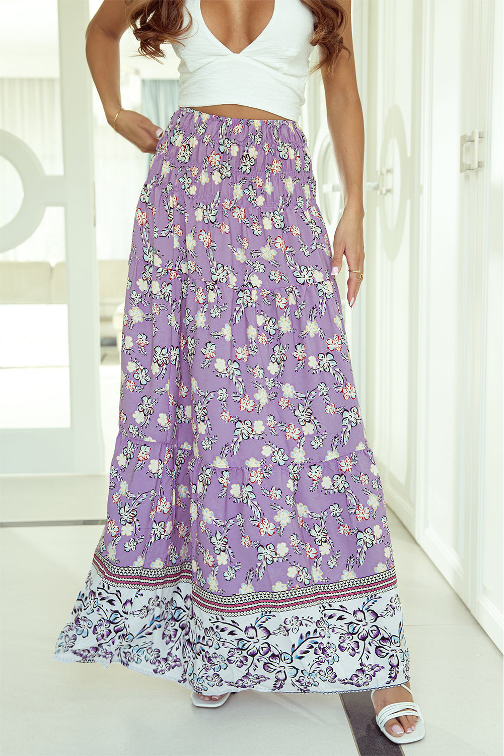 Ljubičasta maksi suknja visokog struka s cvjetnim uzorkom