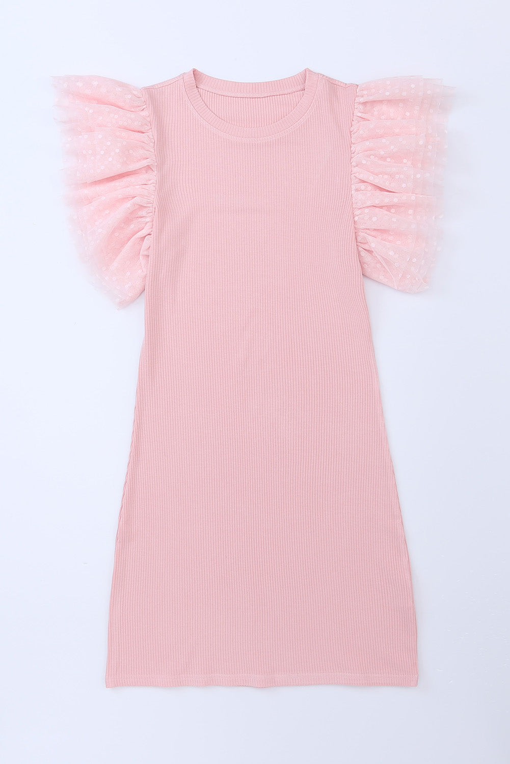 Ružičasta pletena haljina s rebrastim rukavima od tila i volanima