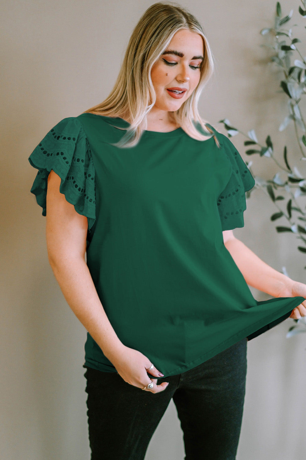 Zelena majica s lepršavim rukavima veće veličine