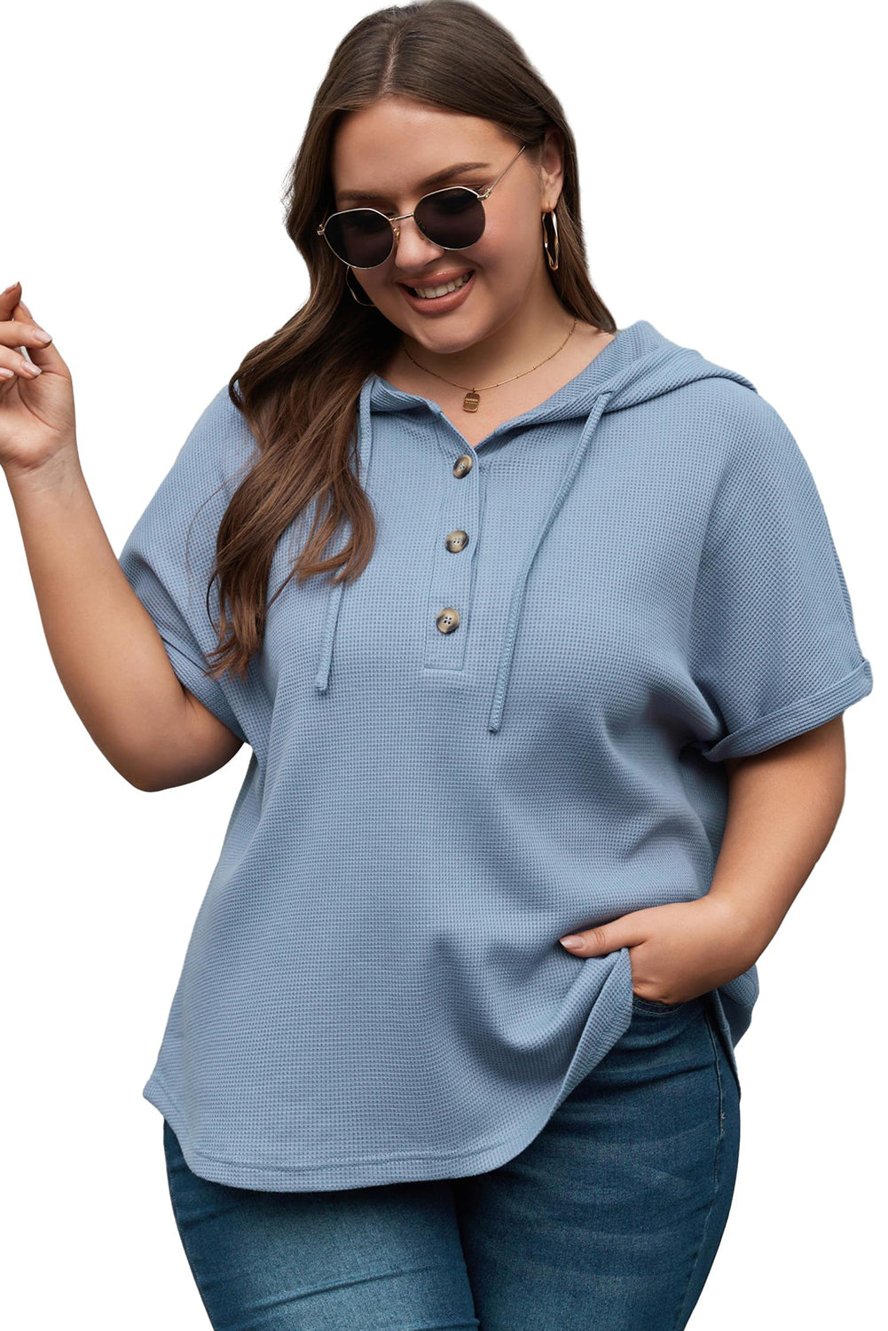 Ashleigh plava velika pletena majica s kapuljačom kratkih rukava s uzicom