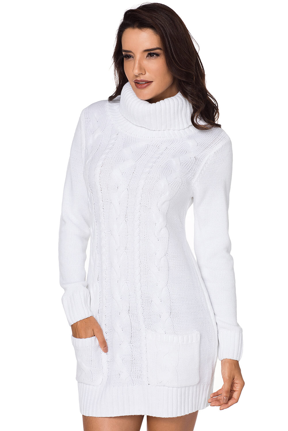 Bijela pletena džemper haljina s izrezom