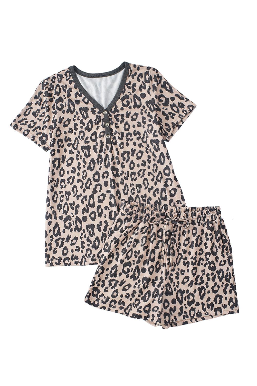 Višebojna majica s leopard gumbima s V izrezom i set kratkih hlačica s uzicom