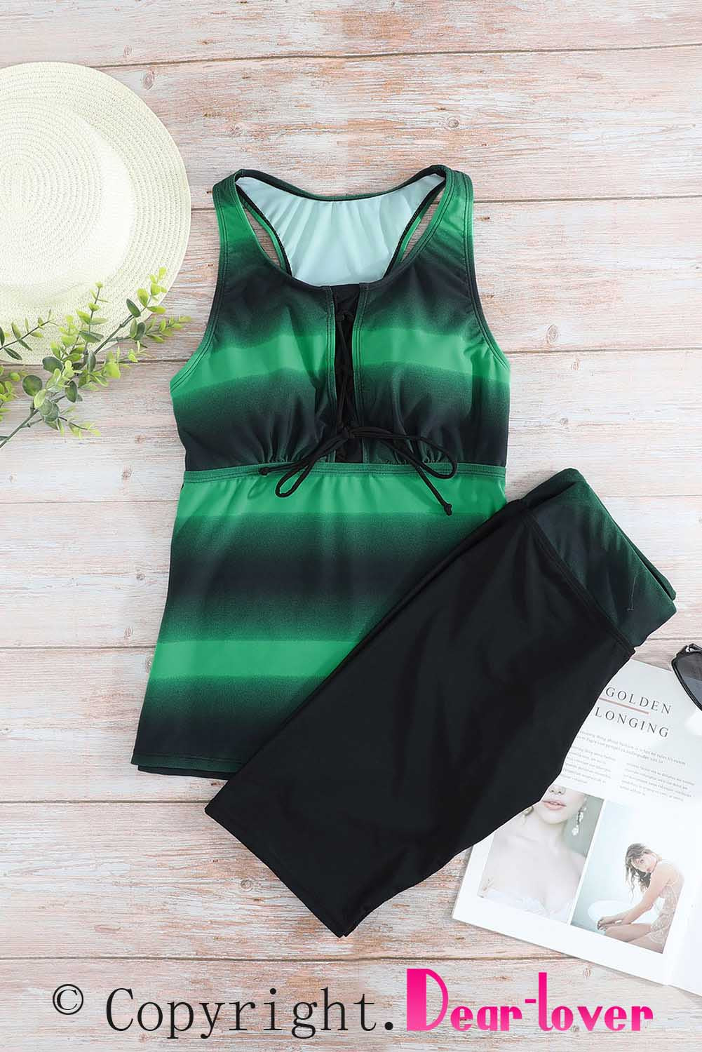 Zeleni crni kupaći kostim Tankini s ombre printom Racerback