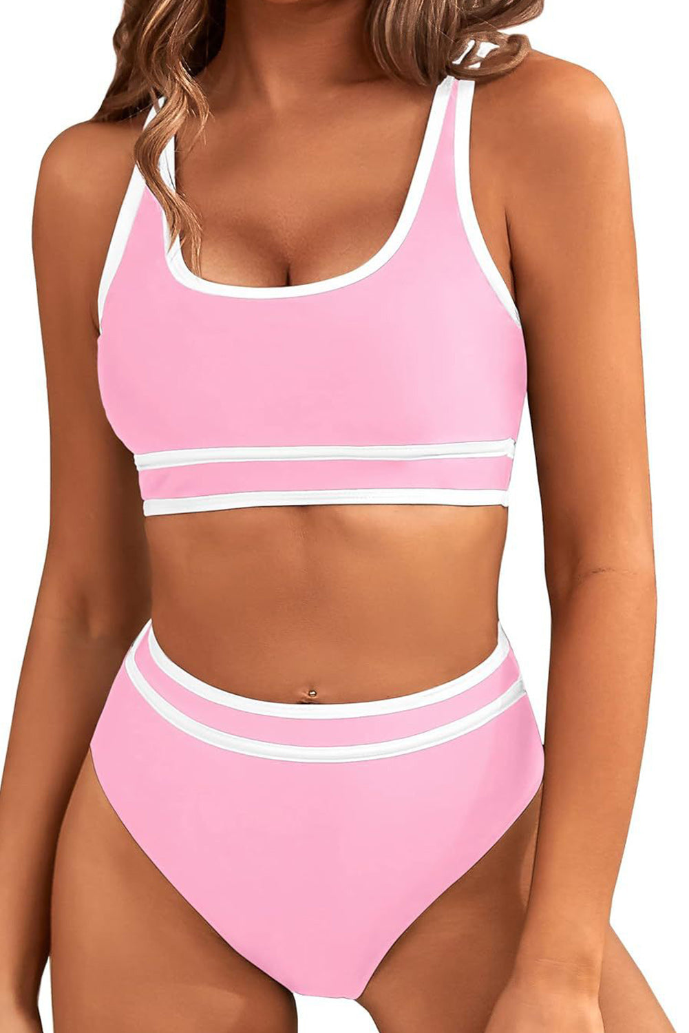 Ružičasti bikini visokog struka s U izrezom i obrubljenim kontrastom
