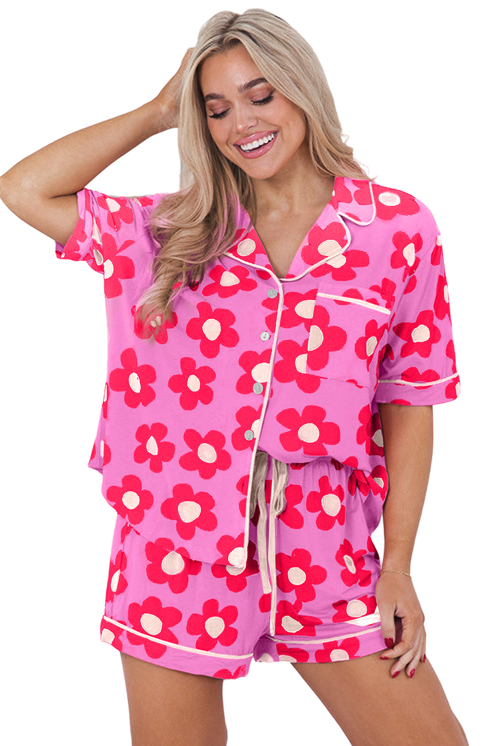 Komplet pidžama kratkih rukava s ružičastim cvjetnim printom