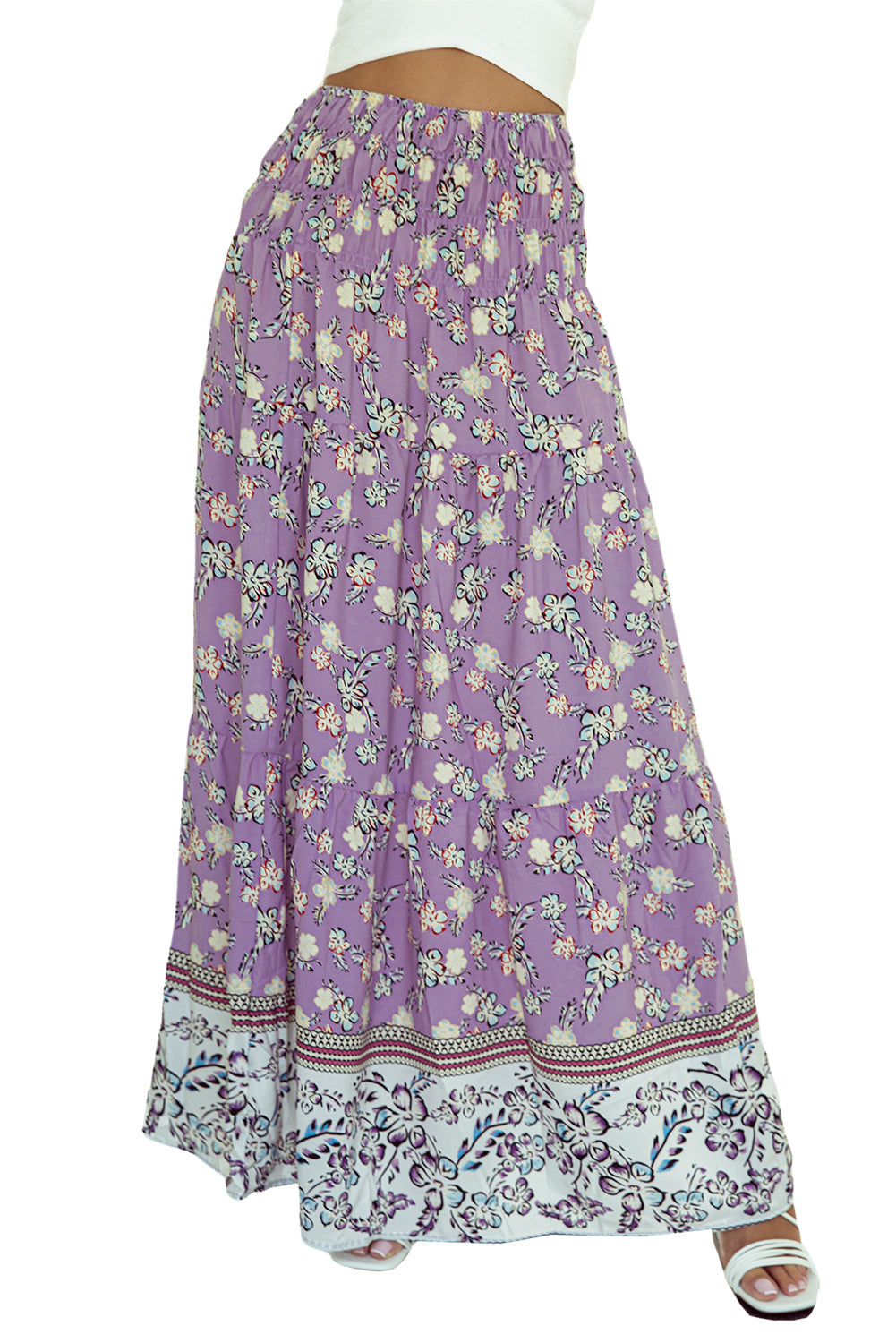 Ljubičasta maksi suknja visokog struka s cvjetnim uzorkom
