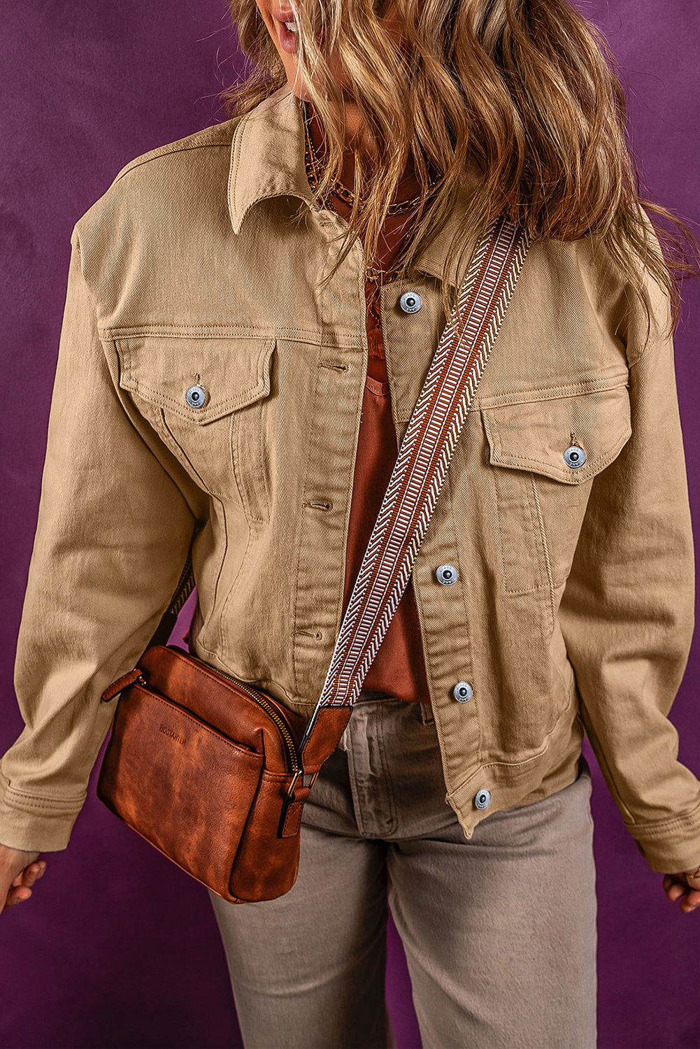 Traper jakna od lana, jednobojni džep s metalnim gumbima