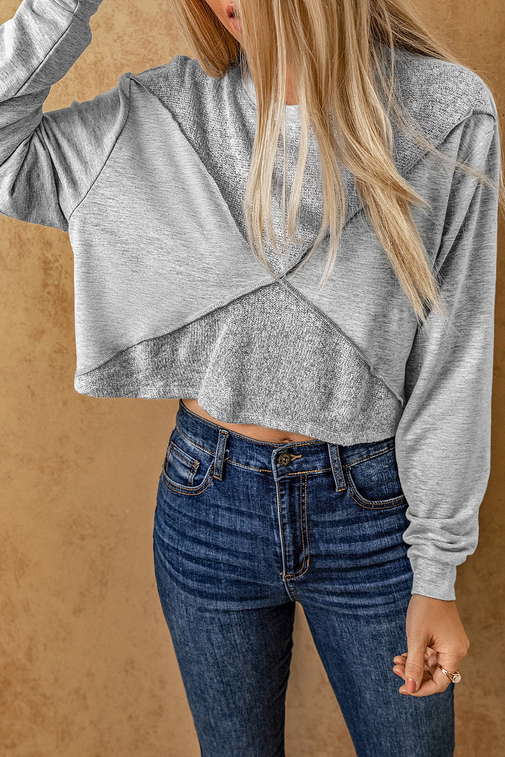 Grey Expose Seam Knitted Patchwork Cropped Top