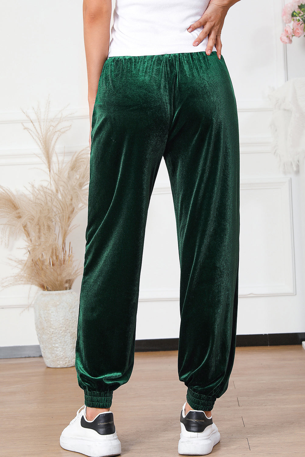 Zelene jednobojne hlače za trčanje od baršuna