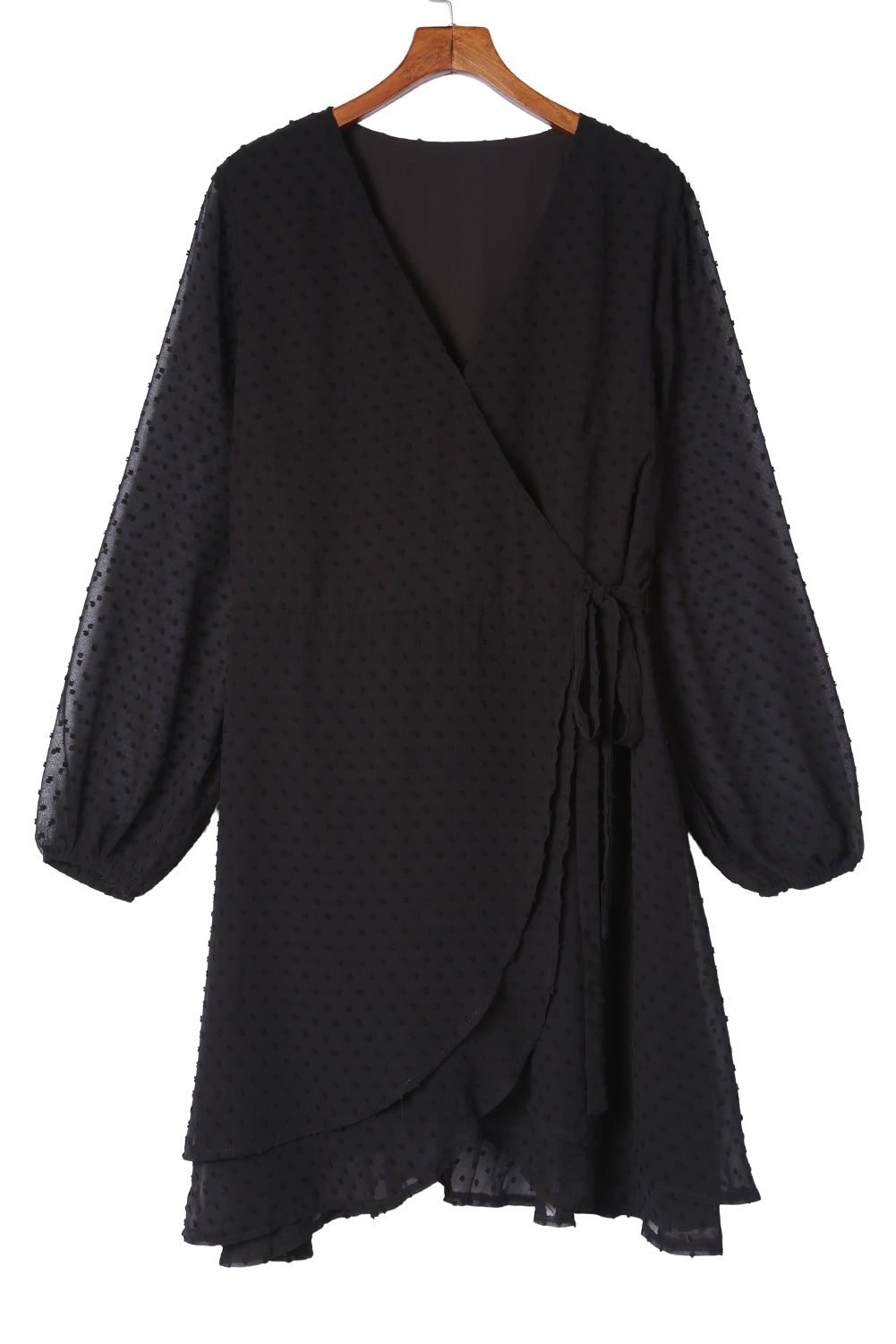 Crna švicarska haljina dugih rukava s V izrezom i točkicama veće veličine