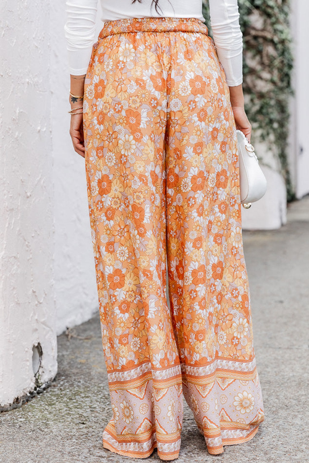 Boho hlače širokih nogavica s cvjetnim uzorkom u boji grejpfrut naranče
