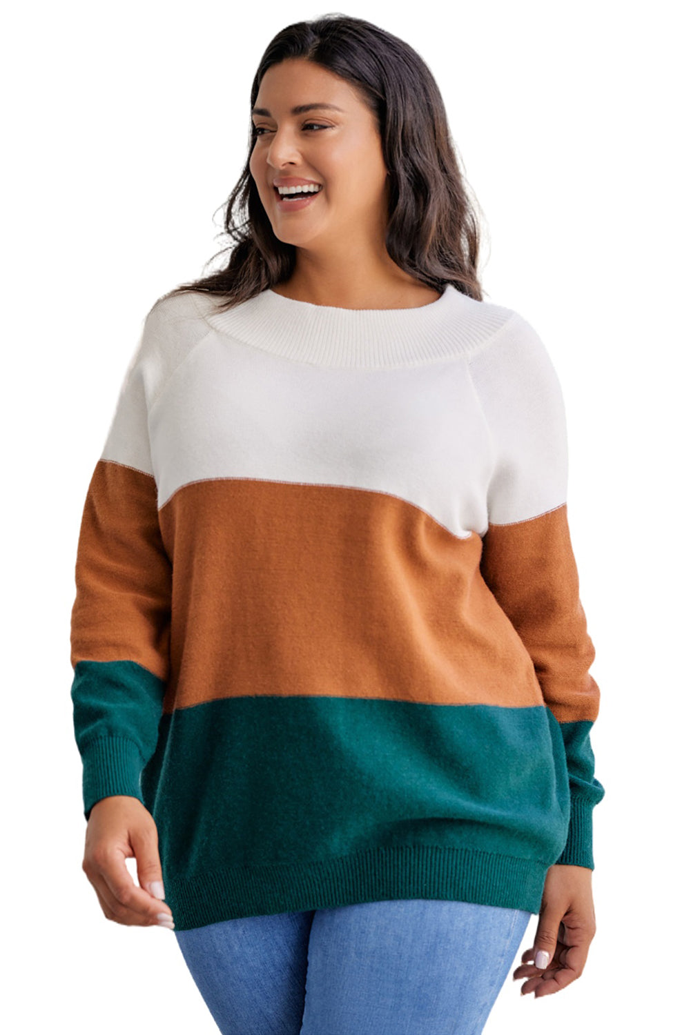 Smeđi pulover velike veličine s rebrastim obrubom u boji blokova