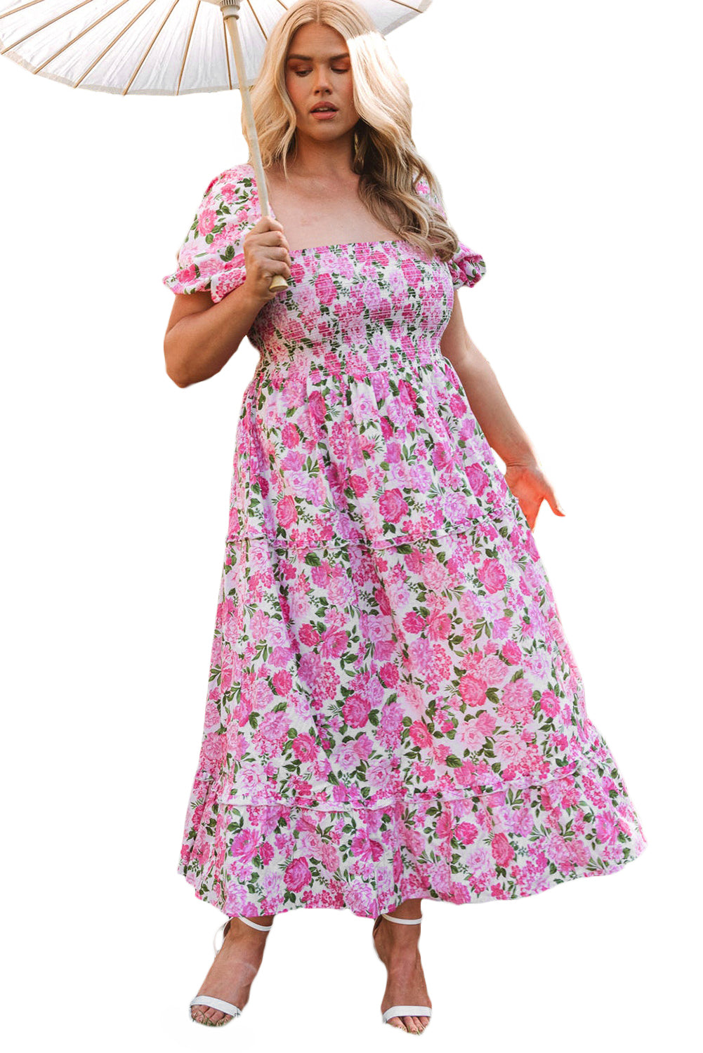 Ružičasta puf haljina s puf rukavima s cvjetnim uzorkom veće veličine