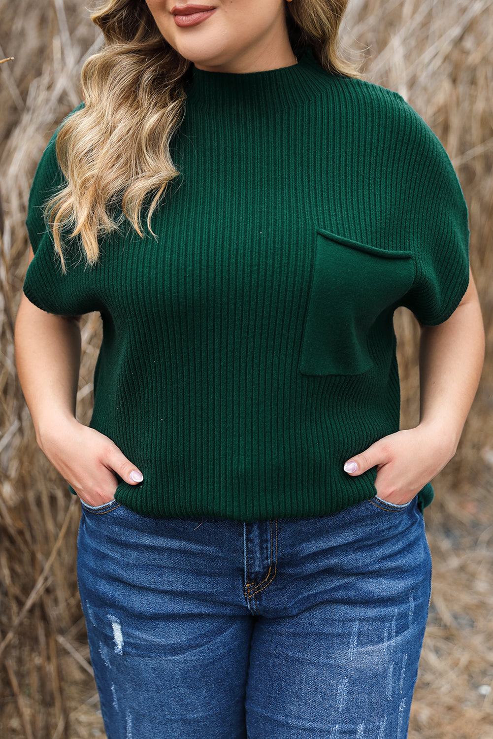 Jungle Green pulover s lažnim izrezom i džepovima na prsima velike veličine, kratkih rukava