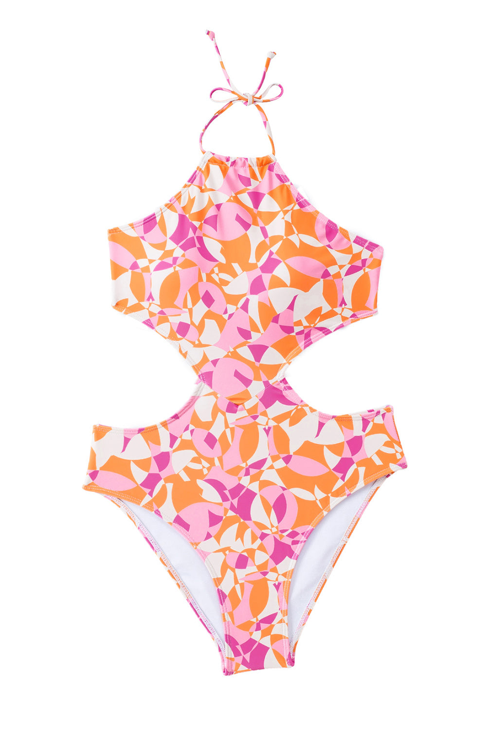 Jednodijelni kupaći kostim s ružičastim apstraktnim printom i izdubljenim stražnjim vezama