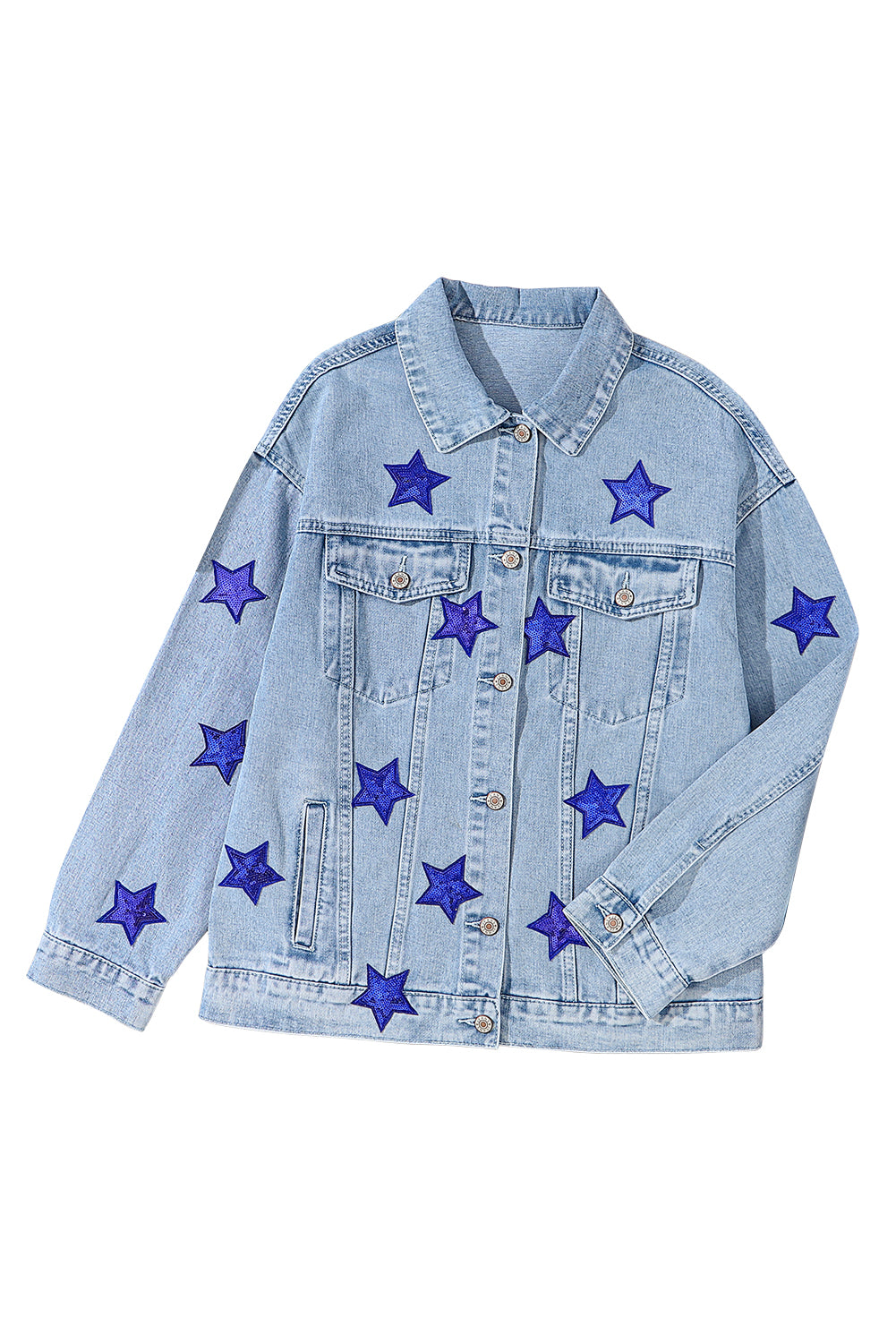 Plava traper jakna s preklopnim džepovima i šljokicama