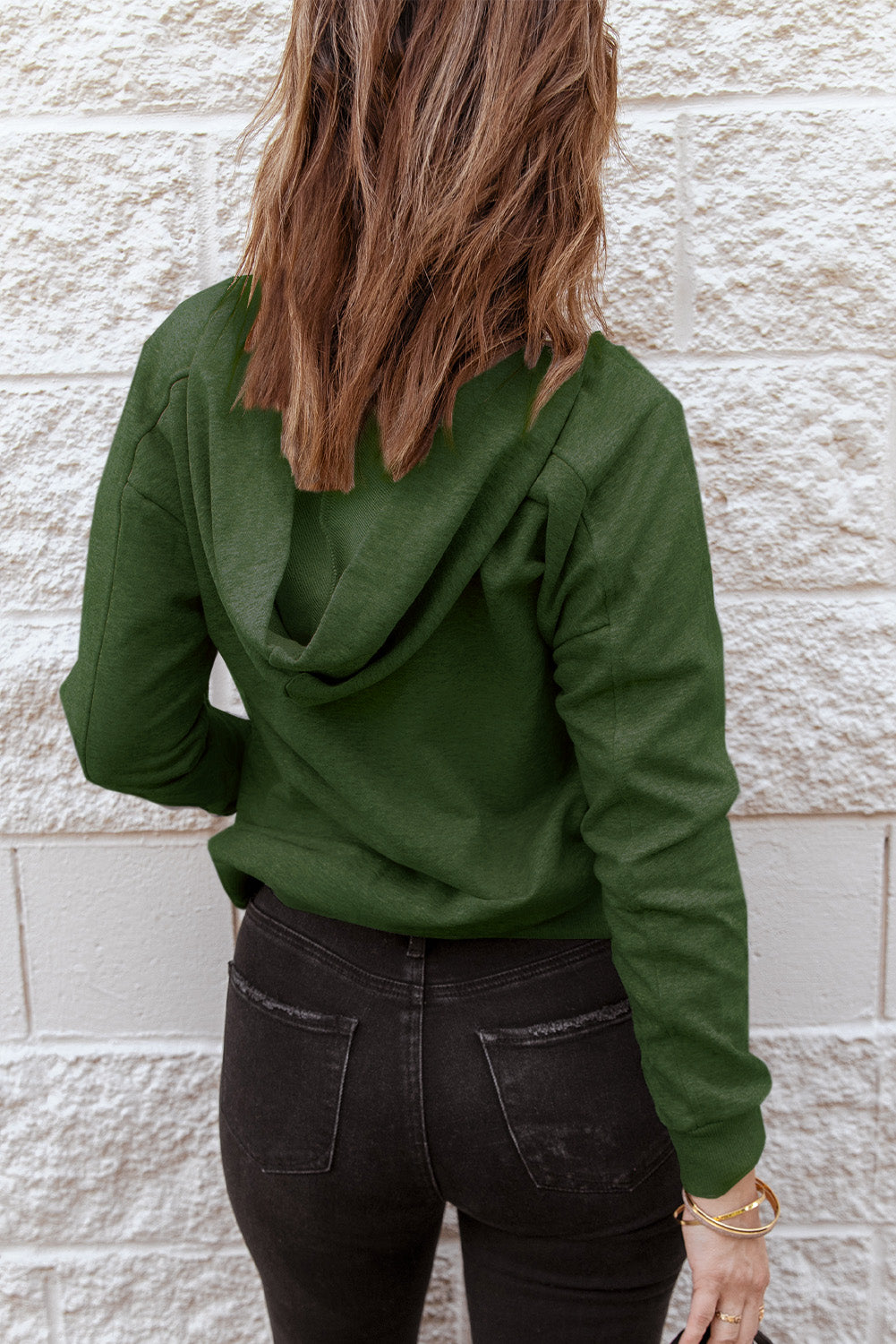 Zelena ležerna jednobojna majica s kapuljačom na vezanje
