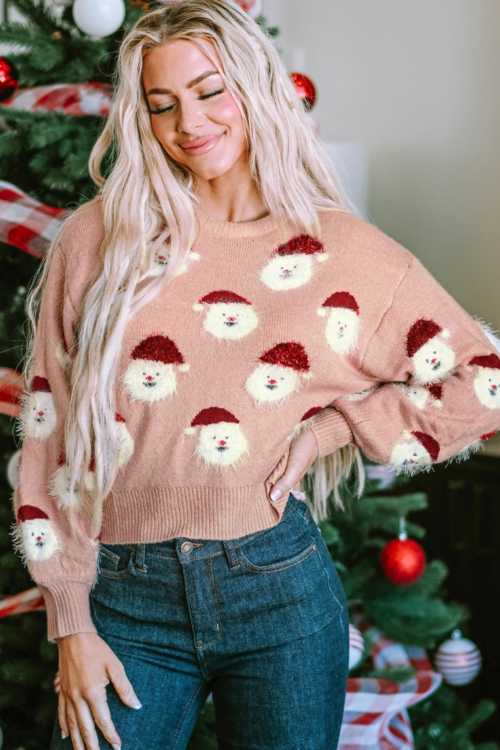 Ružičasti božićni pulover Djeda Mraza