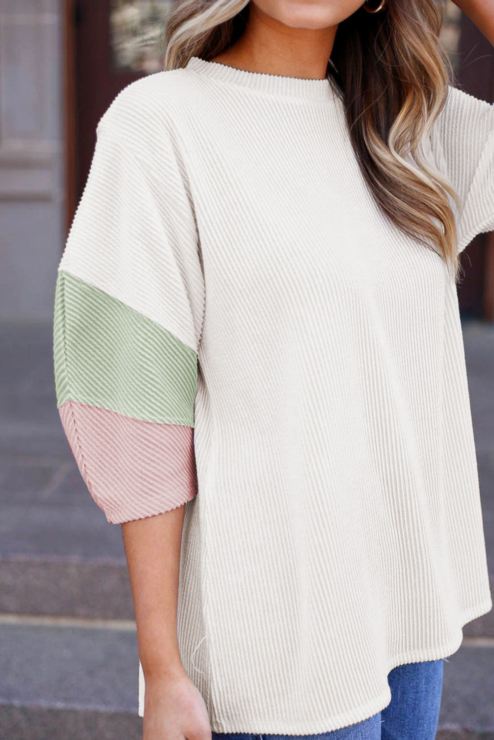 Bijela teksturirana Colorblock patchwork majica s pola rukava i majicom