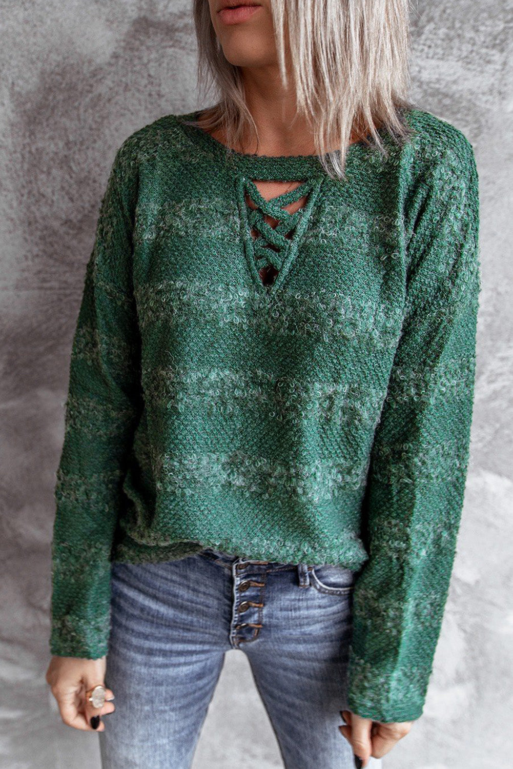 Zeleni crisscross Keyhole Fuzzy pulover