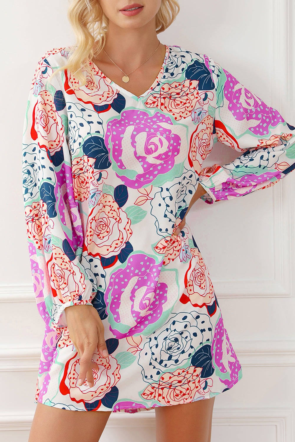 Večbarvna zapestnica obleka z mehurčki in cvetočim potiskom