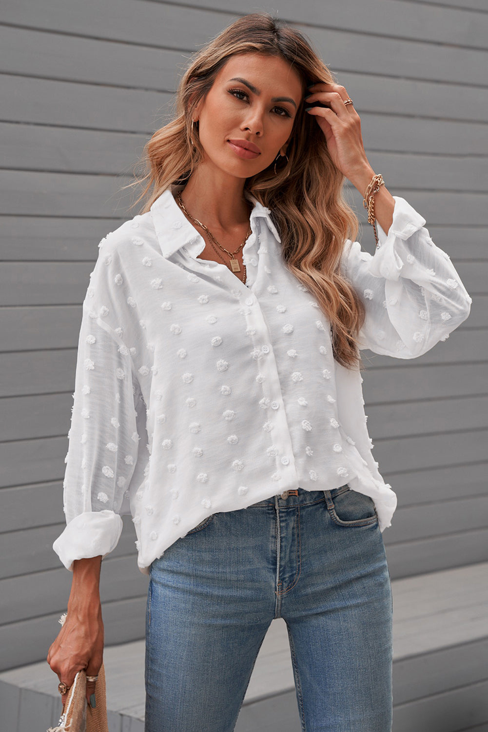 White Long Sleeve Button Fuzzy Polka Dot Shirt